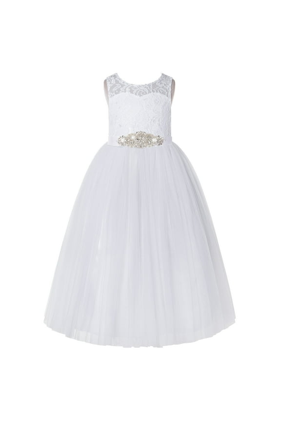 White Floral Lace Neck A-Line Keyhole Back Flower Girl Dress Pretty Princess 178R3 8