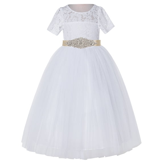 Ekidsbridal White Floral Lace Tulle Flower Girl Dress Junior Prom Ballroom Dance Recital Gown for Toddlers LG2R3 3