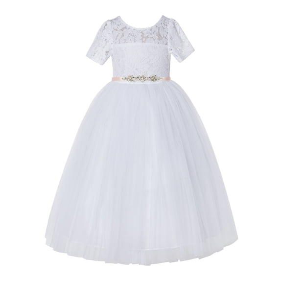 Ekidsbridal White Floral Lace Tulle Flower Girl Dresses Christening Gown for Church Toddlers LG2R4 4