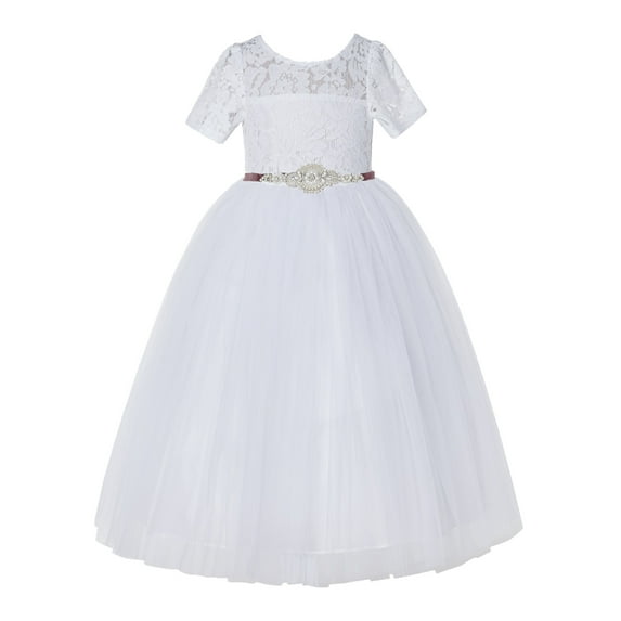 Ekidsbridal White Floral Lace Tulle Flower Girl Dresses Pretty Princess Ballroom Dance Gown for Toddler Girls LG2R7 2