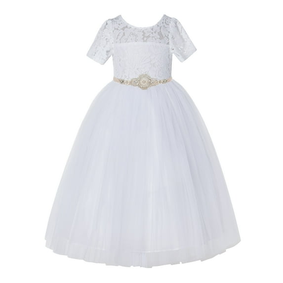 Ekidsbridal White Floral Lace Tulle Flower Girl Dresses Wedding Reception Mini Bridal Gown for Toddlers LG2R7 2