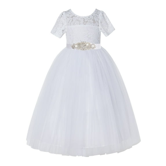 Ekidsbridal White Floral Lace Tulle Flower Girl Dress Junior Prom Ballroom Dance Recital Gown for Toddlers LG2R3 2