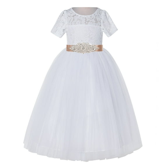 Ekidsbridal White Floral Lace Tulle Flower Girl Dress Junior Prom Ballroom Dance Recital Gown for Toddlers LG2R3 8