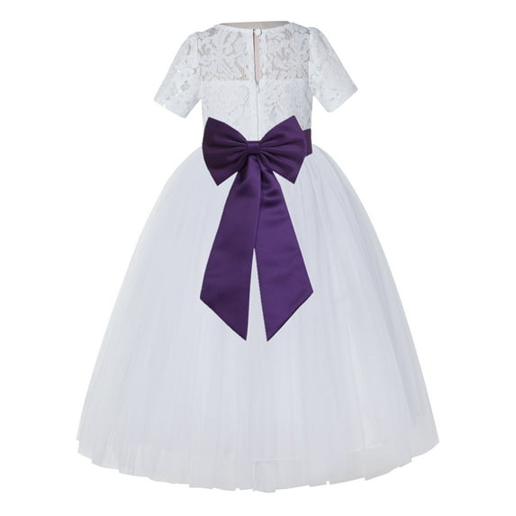 Ekidsbridal Girl Pageant Flower Girl Dress - White Lace Short Sleeve with Bow Sash LG2T-A (Size: 2-12)