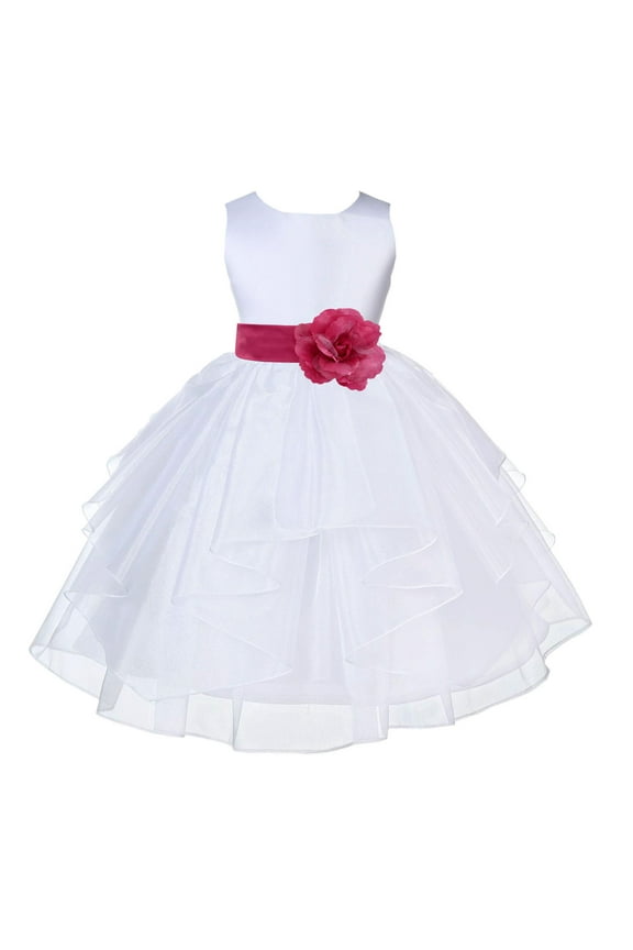 White Fuchsia Shimmering Organza Flower Girl Dress Junior Bridesmaid Wedding Pageant Communion Baptism Gown 4613T S