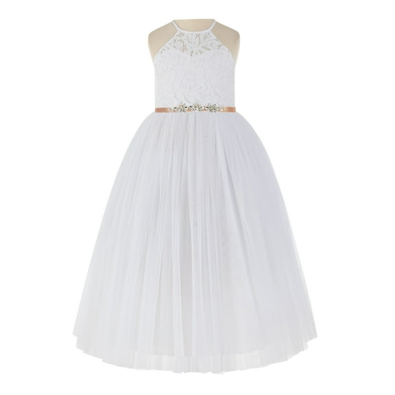 Ekidsbridal Girl Ballroom Flower Girl Dress - Open Back Lace Halter with Rhinestone Sash 213R4-A (Size: 2-10)
