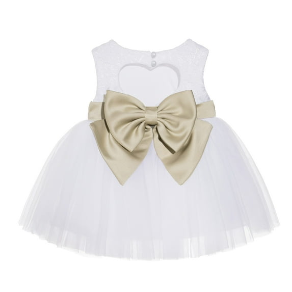 Ekidsbridal Girl Mini Bridal Flower Girl Dress - Baby White Lace Heart Cutout with Bow Sash BB1-A (Size: XS-L)