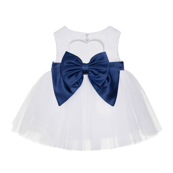 Ekidsbridal Girl Mini Bridal Flower Girl Dress - Baby White Lace Heart Cutout with Bow Sash BB1-A (Size: XS-L)
