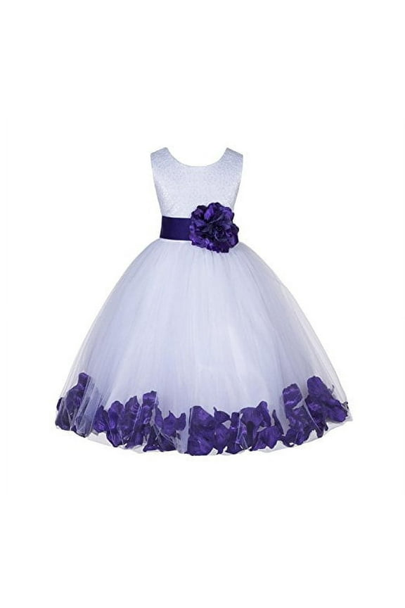 White Lace Top Tulle Bodice Floral Petals Flower Girl Dress Easter Summer Pageant Gown Holiday Birthday 165S M