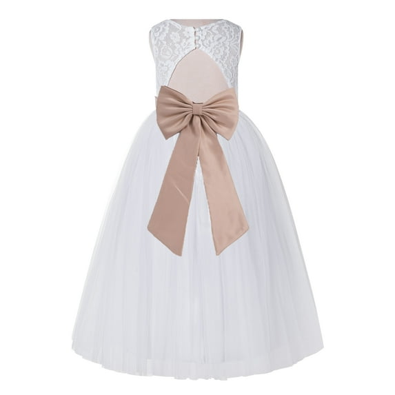 Ekidsbridal White Lace Tulle Keyhole Back Girl Dresses with Colored Sash Wedding Pageant Junior Bridesmaid 178T 2