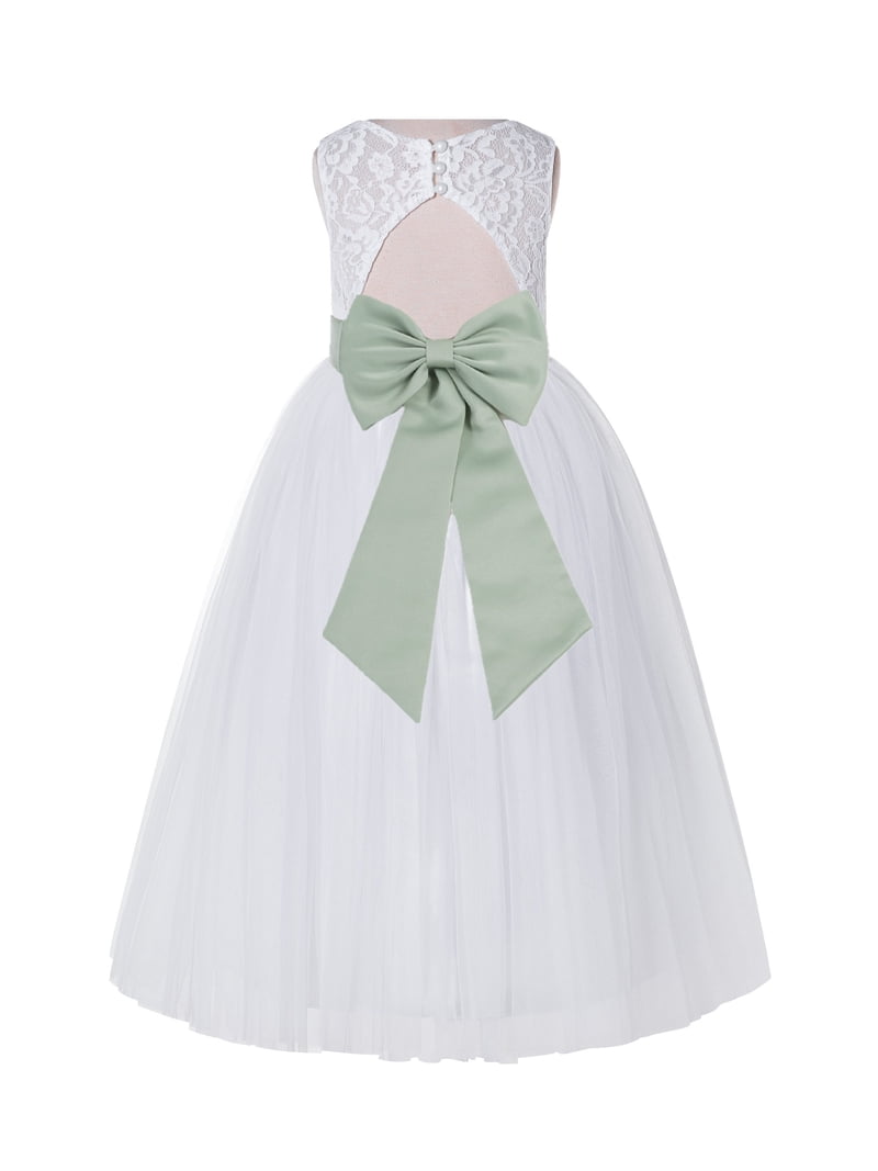 White Lace Flower Girl Dress Keyhole Back with Colored Sash 178T(1) White / Forest Green / 2