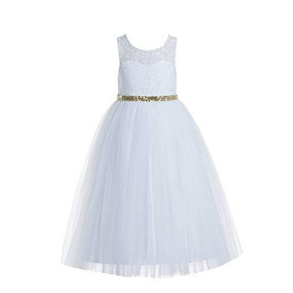 Ekidsbridal White Scoop Neck A-Line Keyhole Back Floral Lace Formal Flower Girl Dress Dance Recital Ballroom Gown 178 10