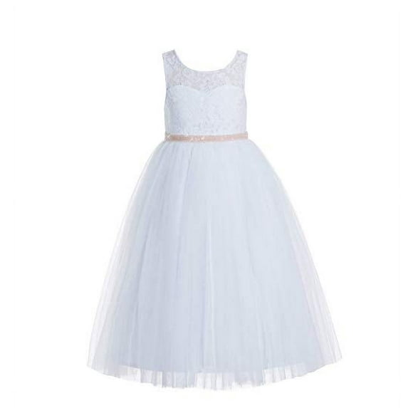 Ekidsbridal White Scoop Neck A-Line Keyhole Back Floral Lace Formal Flower Girl Dress Dance Recital Ballroom Gown 178 12