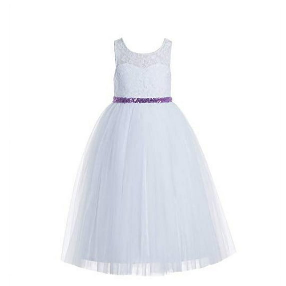 Ekidsbridal White Scoop Neck A-Line Keyhole Back Floral Lace Formal Flower Girl Dress Dance Recital Ballroom Gown 178 6