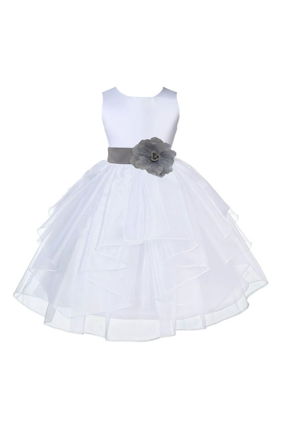 White Silver Shimmering Organza Flower Girl Dress Junior Bridesmaid Wedding Pageant Communion Baptism Gown 4613T 4