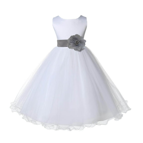 Ekidsbridal White Silver Tulle Rattail Edge Flower Girl Dress Princess Beauty Pageant Junior Bridesmaid Wedding Communion Baptism 829S 2