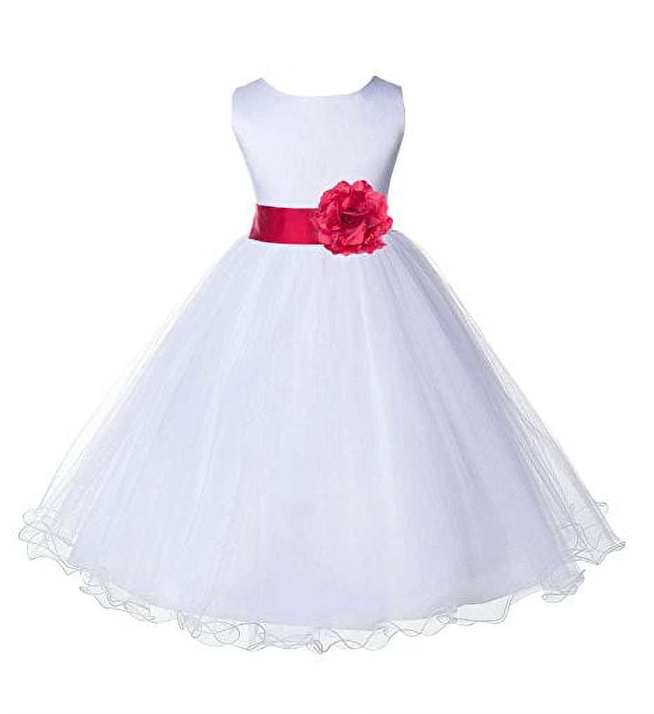 White Flower Girl Dress With Rattail Edge Tulle - Wedding & Pageant Dress, Comes With Color Choice Sash - View #9