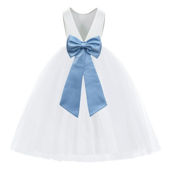 Ekidsbridal White V-Back Satin Flower Girl Dresses with Pretty Colored Sash for Wedding Reception Formal Evening Social Event 219T 2