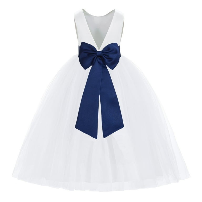 White dress with blue outlet satin sash