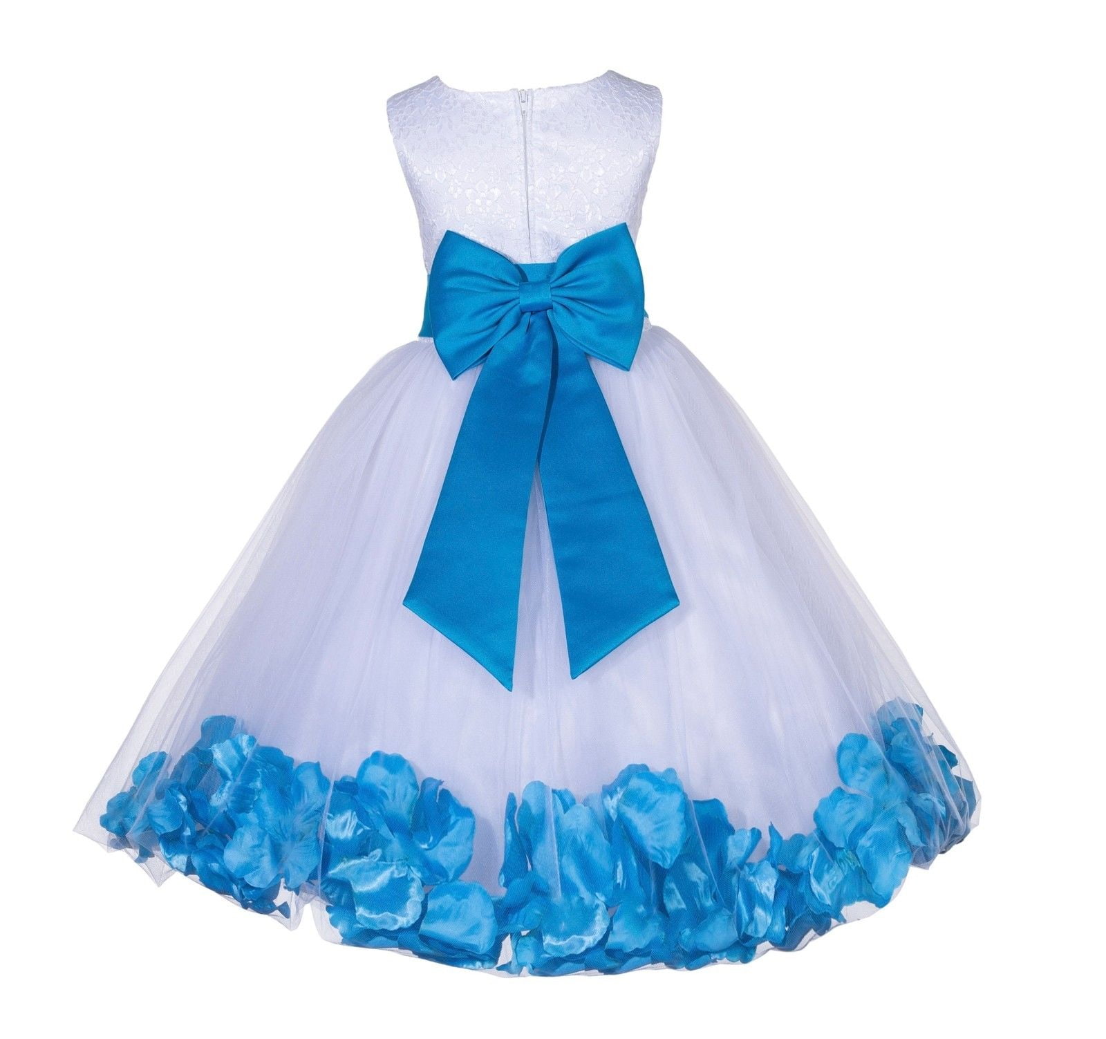 Satin Bodice Flower Girl Dress With Tulle Petal Skirt – White/Baby Blue