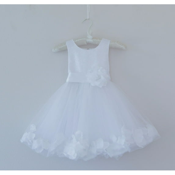 Ekidsbridal White Wedding Pageant Floral Lace Bodice Rose Petal Tulle Flower Girl Dress for Toddlers Ceremony Formal Evening Gown 165s S