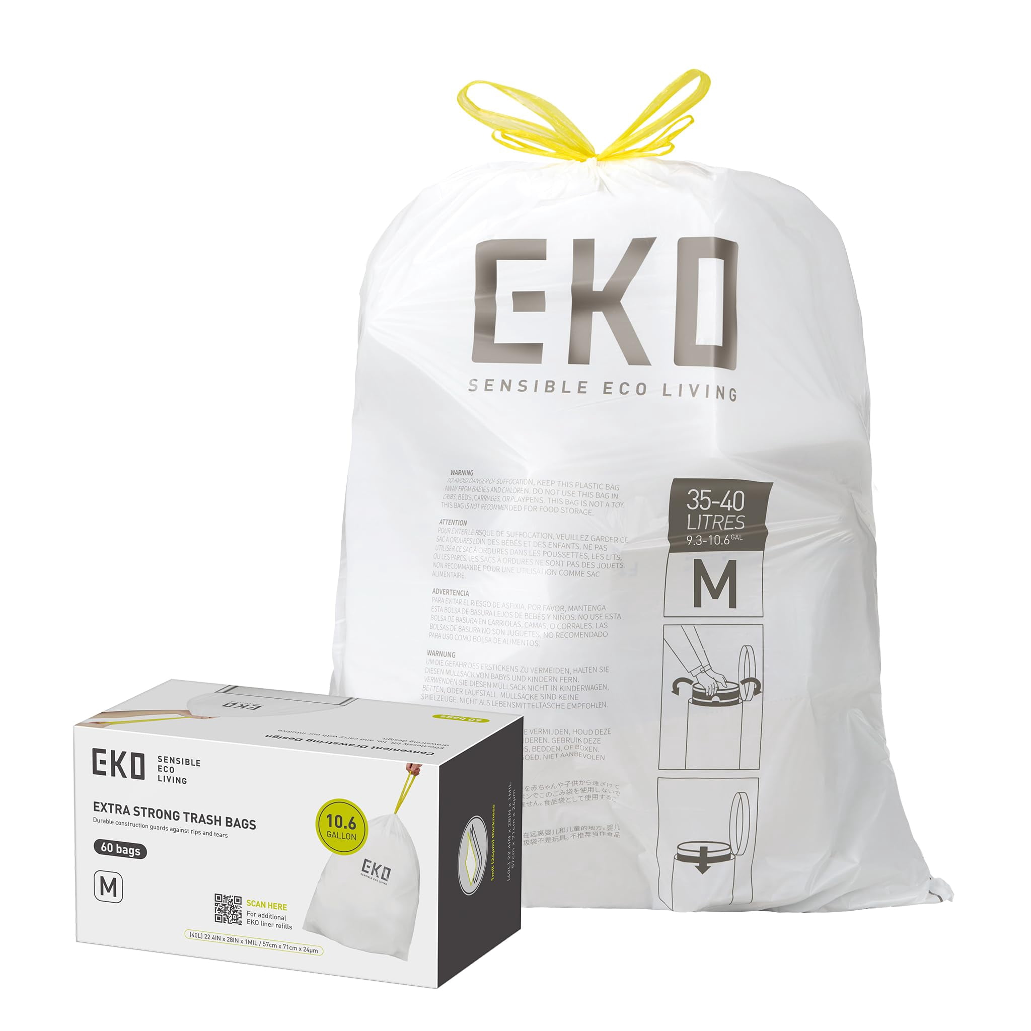 Eko 10.6 Gallon / 35-40 Liter Drawstring Trash Bags  60 Count Heavy-duty Tall Kitchen Garbage Can Liners Extra-strong Leak-resistant Unscented White Code M