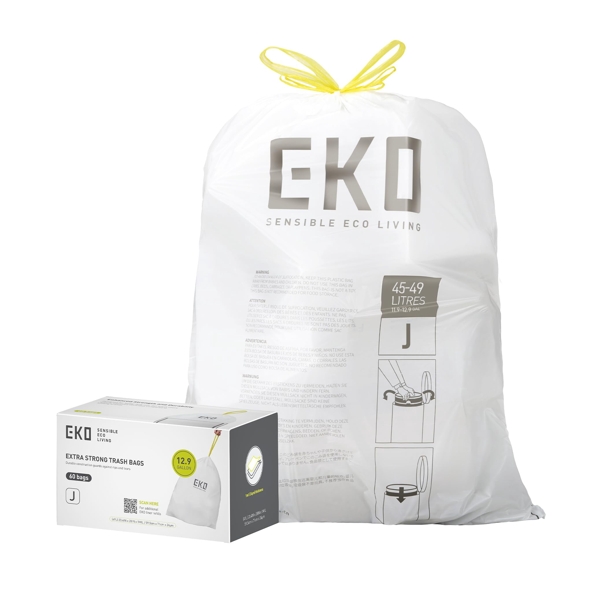 Eko 12.9 Gallon / 45-49 Liter  60 Count Drawstring Trash Bags Extra-strong Unscented Garbage Easy-dispense Roll For Kitchen & Household Use Resists Tears Leaks And Punctures Code J White