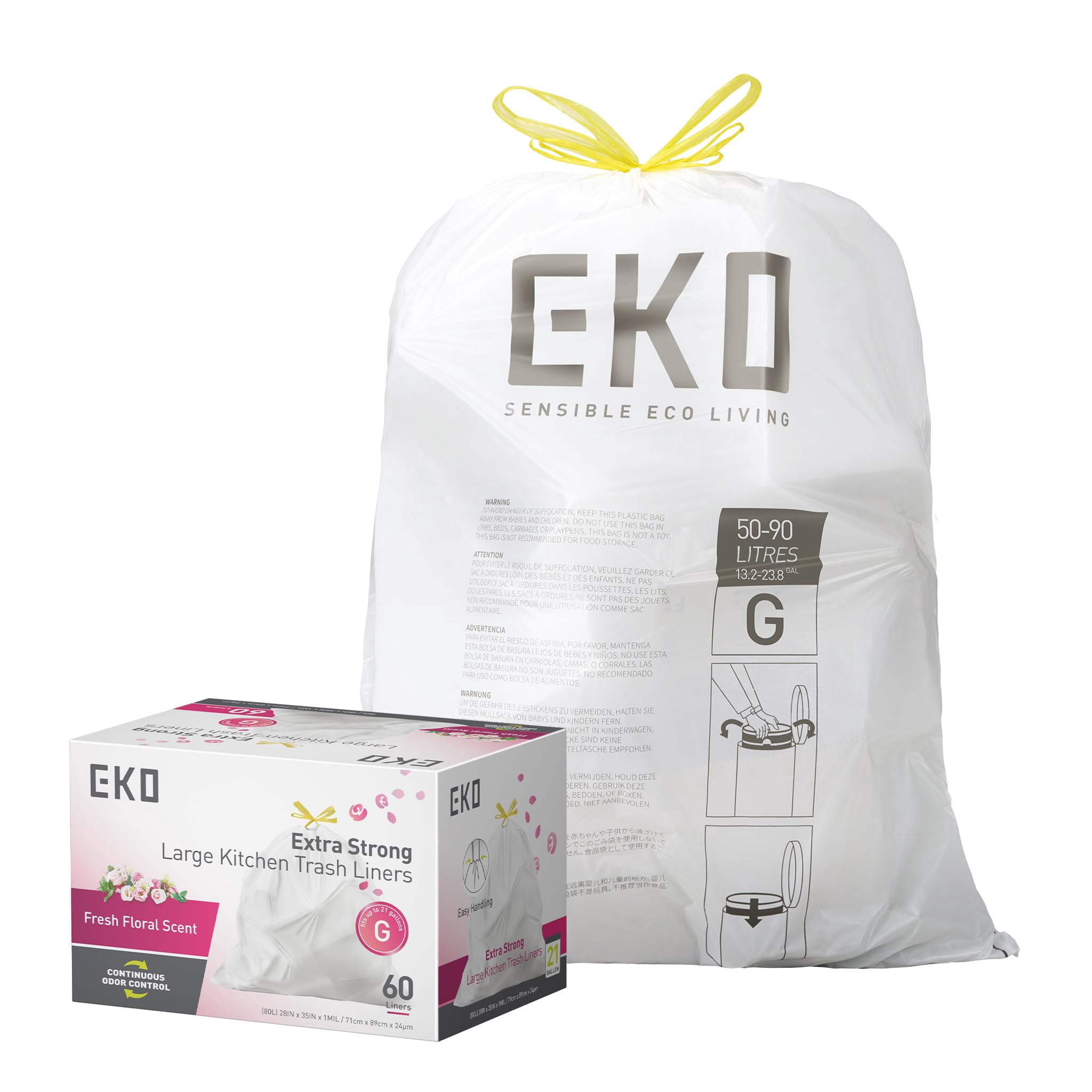 Eko 21 Gallon / 50-90 Liter  60 Count Drawstring Trash Bags Extra-strong Garbage Fresh Floral Scent With Continuous Odor Control Easy-dispense Roll For Kitchen And Household Use Code G White