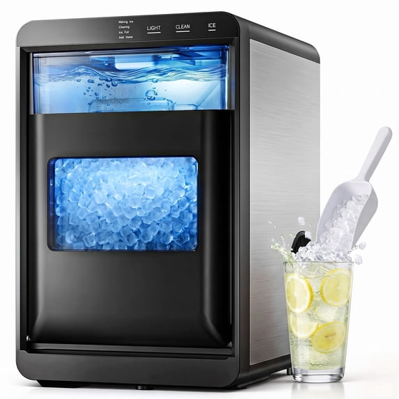 EKOJUCE 44Lbs/24H Nugget Ice Maker Countertop Soft Chewable Sonic-Style Pebble Ice, One-Touch Self-Cleaning, Stainless Steel, Black, for Home, Kitchen, Office, RV and Camping