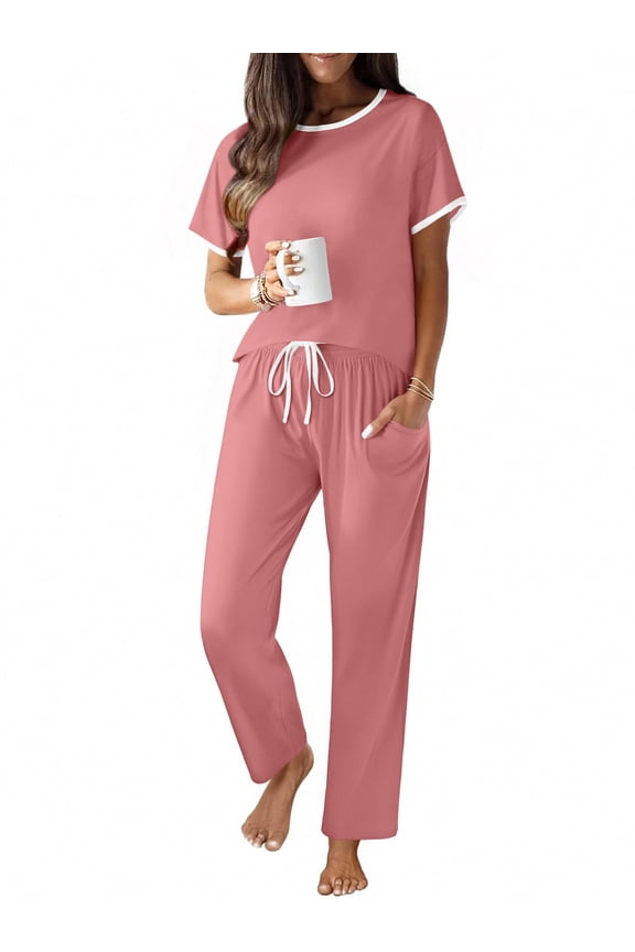 100% Cotton Pajama for Women Short Sleeve Pj Top With Long Pants 2 Piece Lounge Set with Pocket
