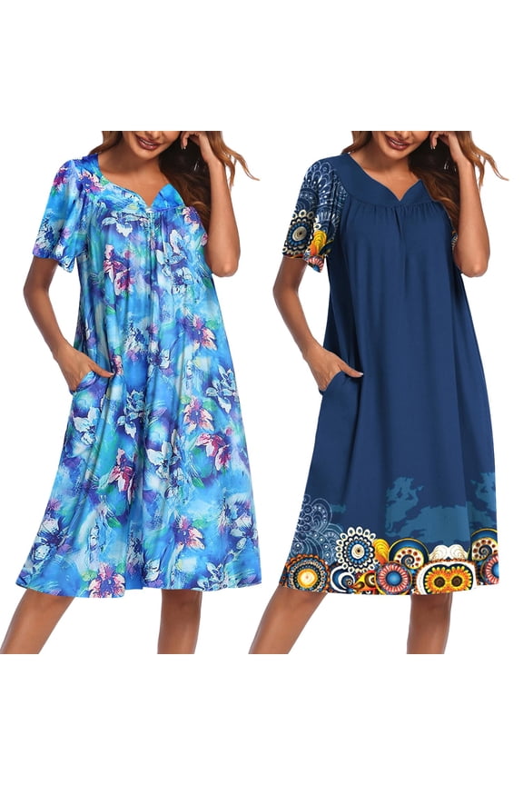 2 Pack House Dresses for Women with Pockets Short Sleeve Moo Moos Floral Print Mumu Dresses