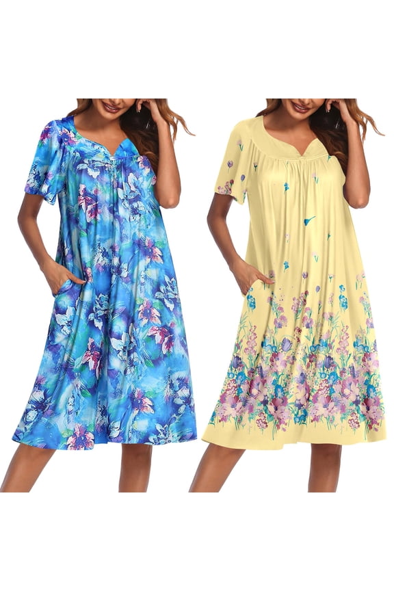 2 Pack House Dresses for Women with Pockets Short Sleeve Moo Moos Floral Print Mumu Dresses