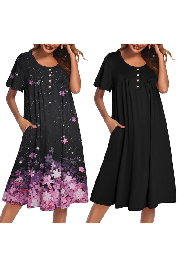 2 Pack House Dresses for Women with Pockets Short Sleeve Moomoo Nightgown Plus Size Mumu Dress Floral Lounge Dress
