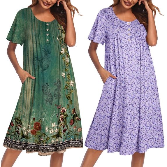 Ekouaer 2 Pack House Dresses for Women with Pockets Short Sleeve Moomoo Nightgown Plus Size Mumu Dress Floral Lounge Dress