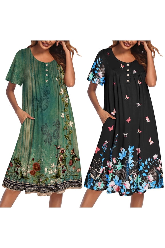 2 Pack House Dresses for Women with Pockets Short Sleeve Moomoo Nightgown Plus Size Mumu Dress Floral Lounge Dress