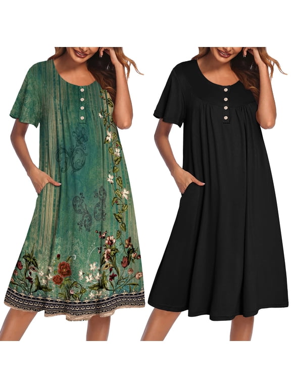 2 Pack House Dresses for Women with Pockets Short Sleeve Moomoo Nightgown Plus Size Mumu Dress Floral Lounge Dress