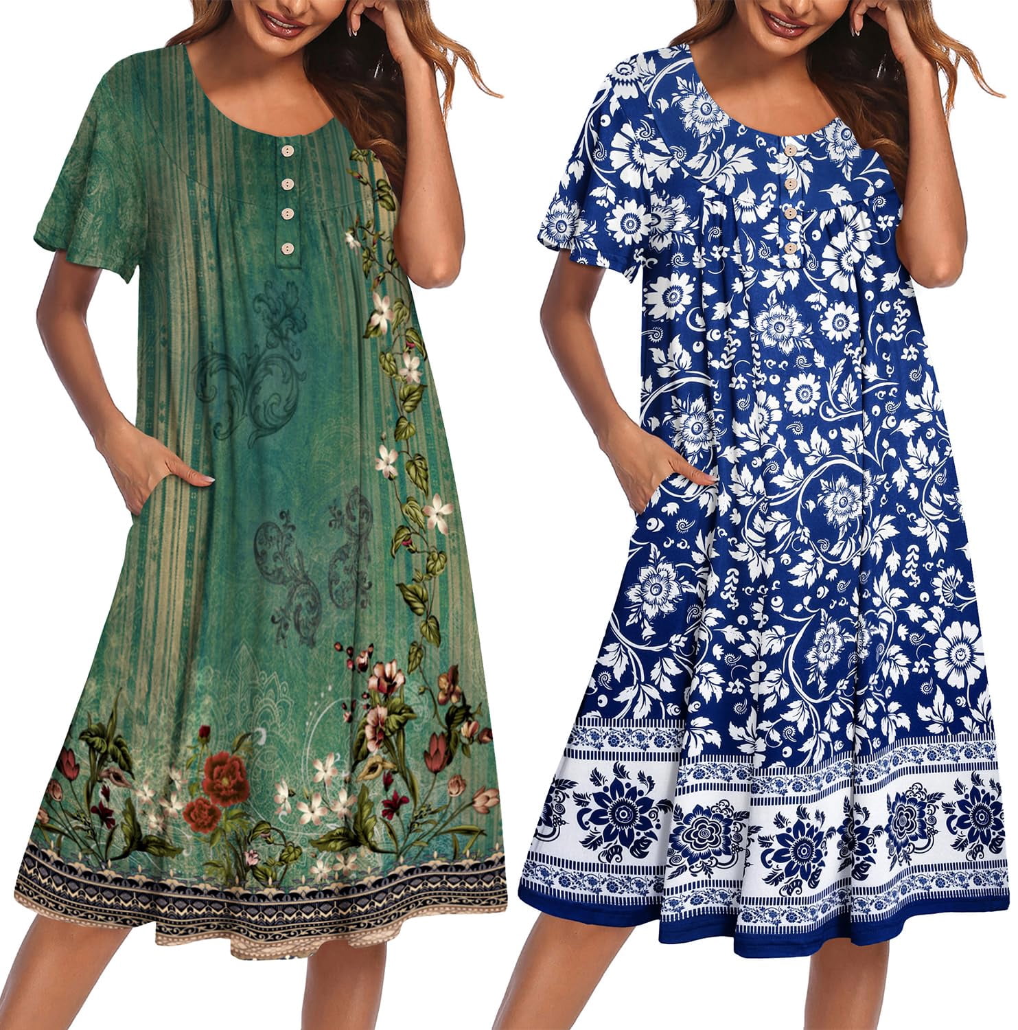 homechoice ladies dresses Ekouaer House for Women with Pockets 2 Pack Short Sleeve Moo Moos Floral Green/Bohemian Flowers Blue / XXL vendor-Louise New York