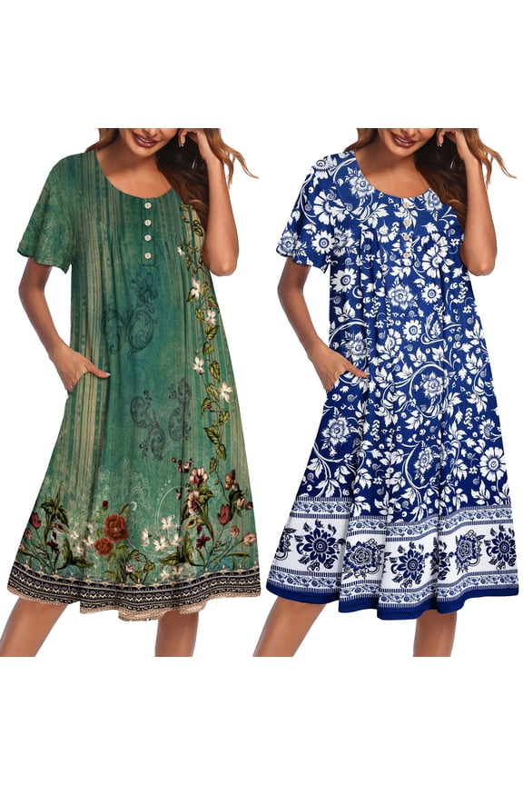 2 Pack House Dresses for Women with Pockets Short Sleeve Moomoo Nightgown Plus Size Mumu Dress Floral Lounge Dress