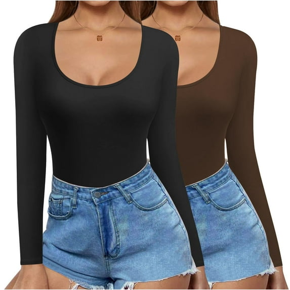 Ekouaer 2 Pack Long Sleeve Shirts for Womens Scoop Neck Tops Slim Fit Undershirts Basic Thermal Tee Shirt