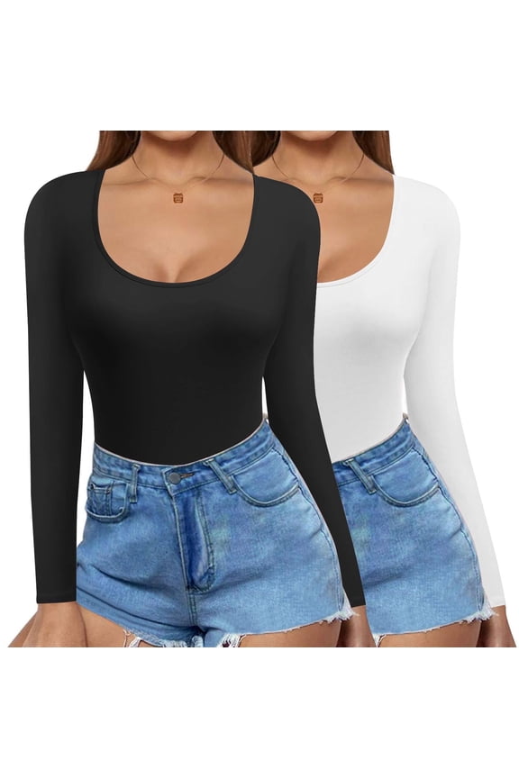 2 Pack Long Sleeve Shirts for Womens Scoop Neck Tops Slim Fit Undershirts Basic Thermal Tee Shirt