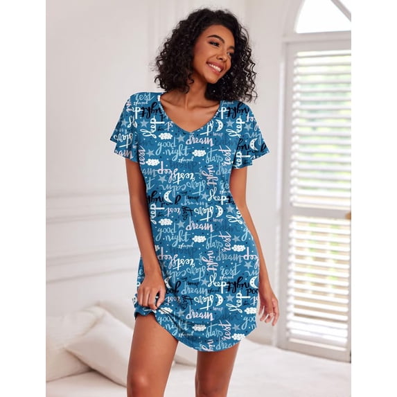 Ekouaer 2 Pack Nightgowns for Women Flare Short Sleeve Sleepshirt V Neck Sleepwear Pajama Dress