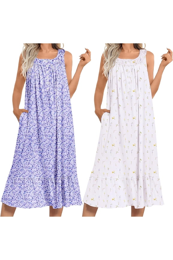 2 Pack Nightgowns for Women Sleeveless Long Night Gowns Victorian Nightdress with Pockets Soft Ladies Gown