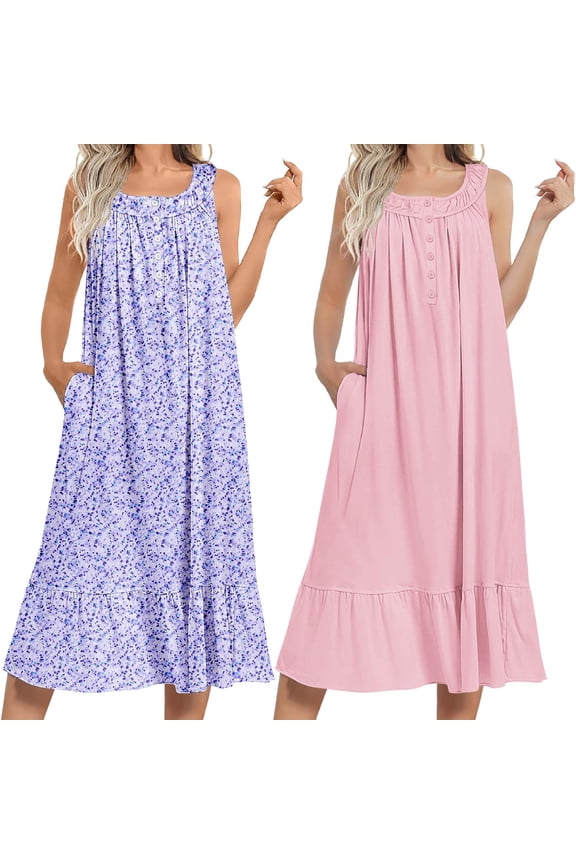 2 Pack Nightgowns for Women Sleeveless Long Night Gowns Victorian Nightdress with Pockets Soft Ladies Gown