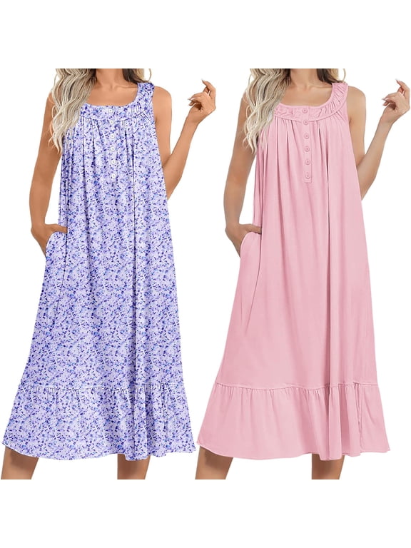 2 Pack Nightgowns for Women Sleeveless Long Night Gowns Victorian Nightdress with Pockets Soft Ladies Gown