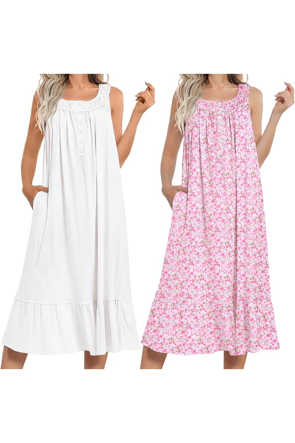 2 Pack Nightgowns for Women Sleeveless Long Night Gowns Victorian Nightdress with Pockets Soft Ladies Gown