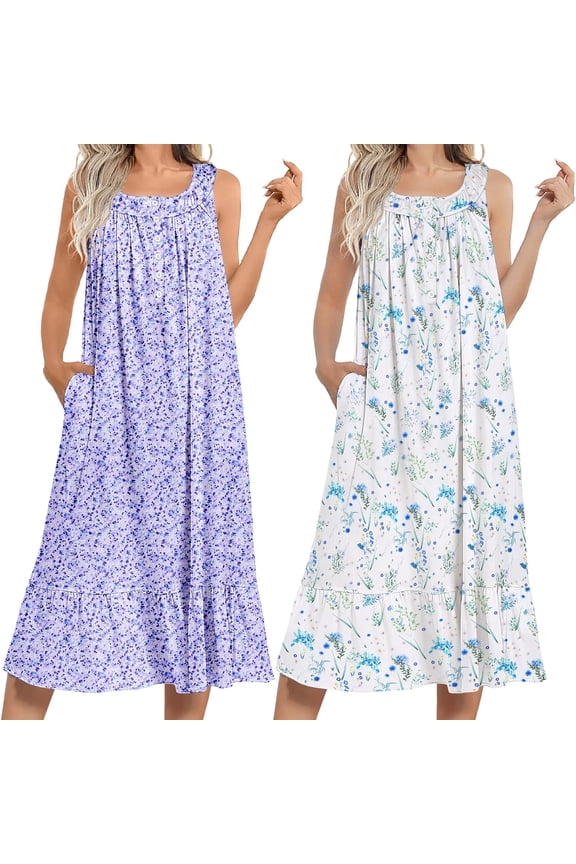 2 Pack Nightgowns for Women Sleeveless Long Night Gowns Victorian Nightdress with Pockets Soft Ladies Gown