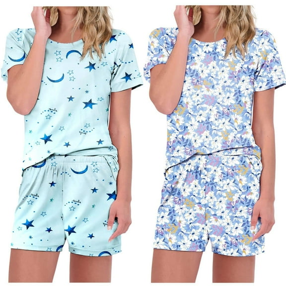 Ekouaer 2 Pack Pajamas Short Sleeve Top with Shorts Sets Comfy Pjs Lounge Sets Sleepwear for Women