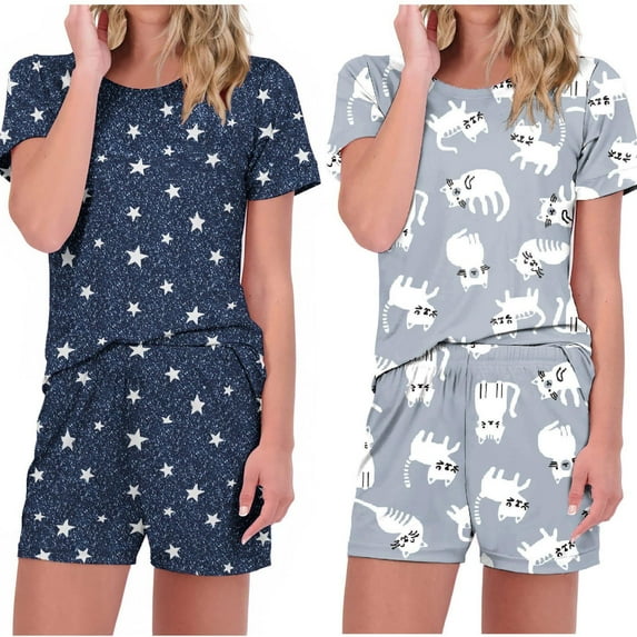 Ekouaer 2 Pack Pajamas Short Sleeve Top with Shorts Sets Comfy Pjs Lounge Sets Sleepwear for Women