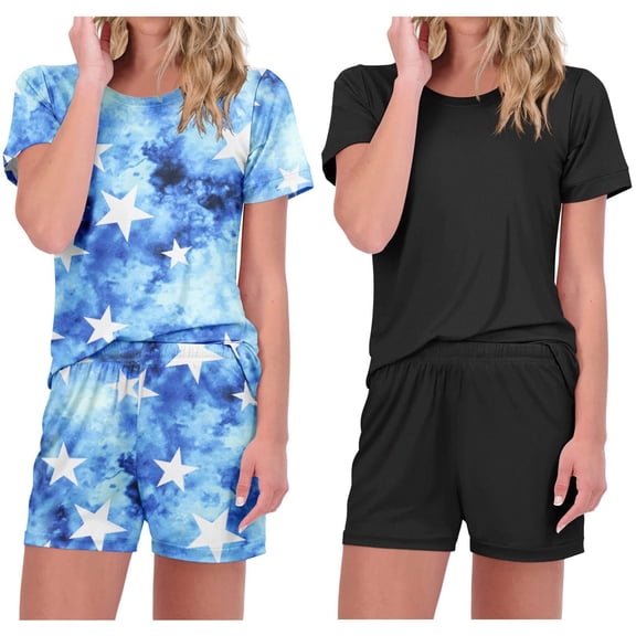 Ekouaer 2 Pack Pajamas Short Sleeve Top with Shorts Sets Comfy Pjs Lounge Sets Sleepwear for Women