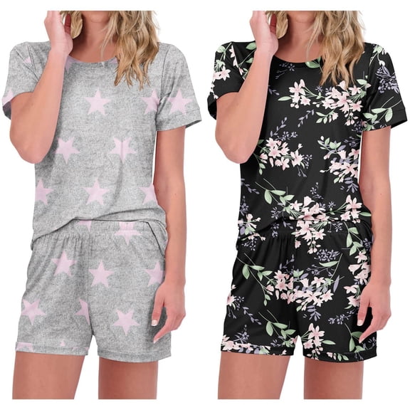 Ekouaer 2 Pack Pajamas Short Sleeve Top with Shorts Sets Comfy Pjs Lounge Sets Sleepwear for Women